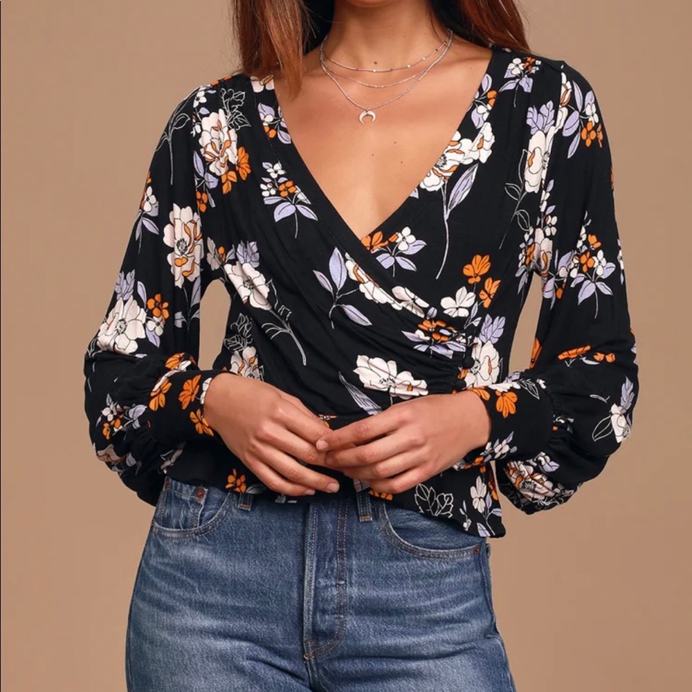 {Free People} Saturday Night Black Floral Print Long Sleeve Wrap Top Sz …